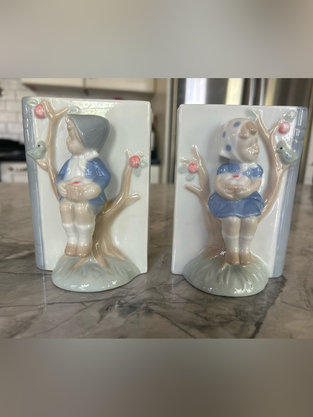 Vintage Nursery Blue Ceramic Boy & Girl Figurine Bookends